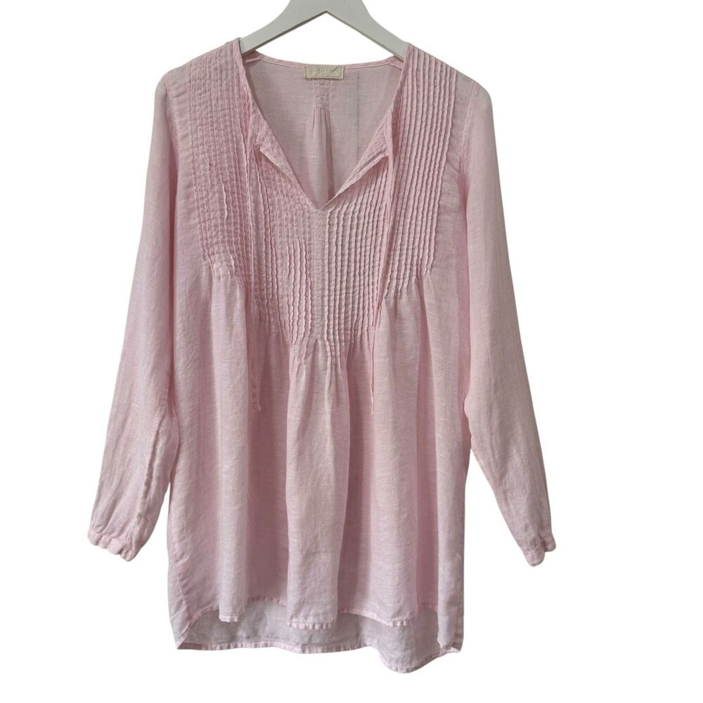 CP Shades Linen Tunic Top XS Pink Pintuck Preppy Pleated Keyhole Beachy Lux EUC